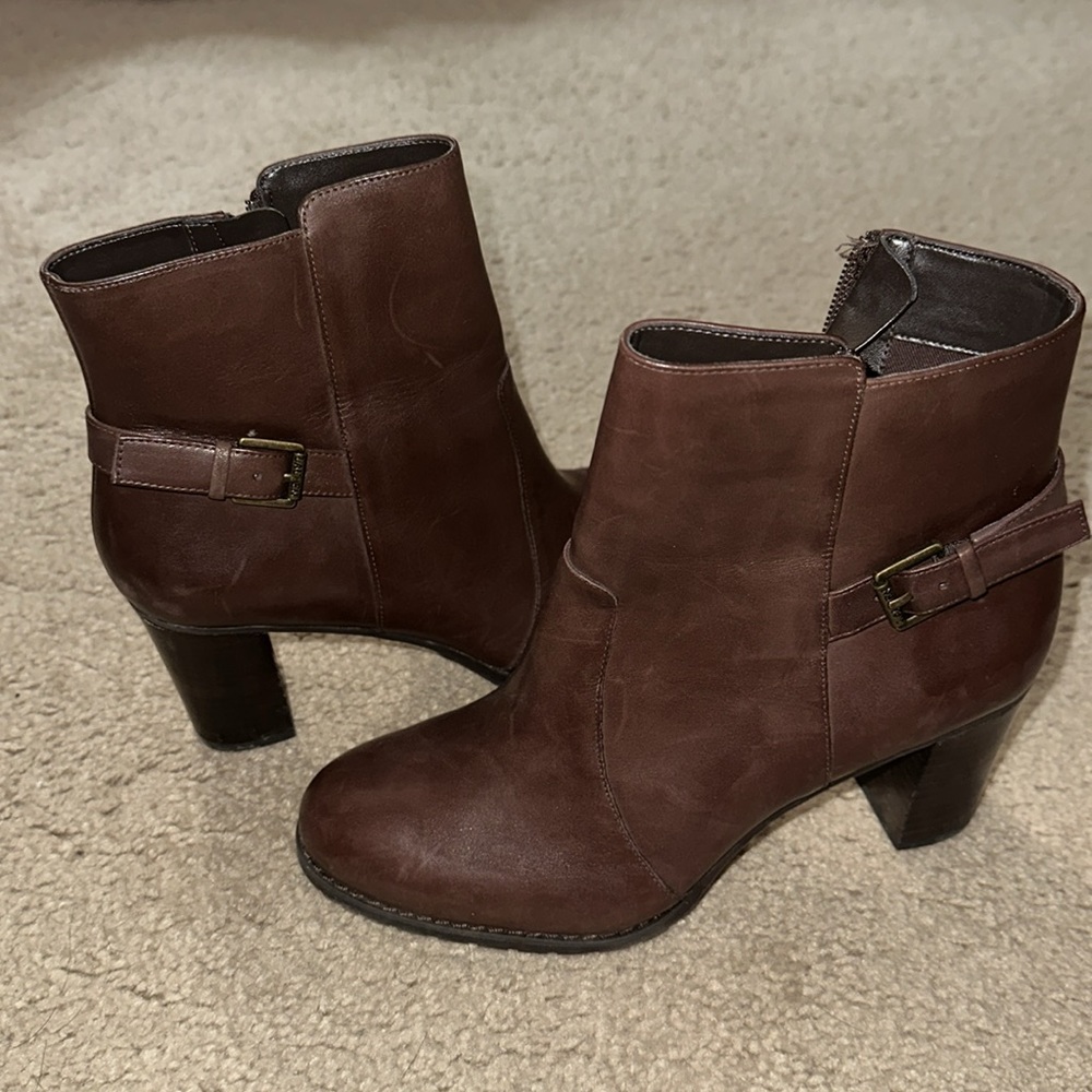 Lauren Ralph Lauren heeled bootie, dark brown genuine leather, size 8
